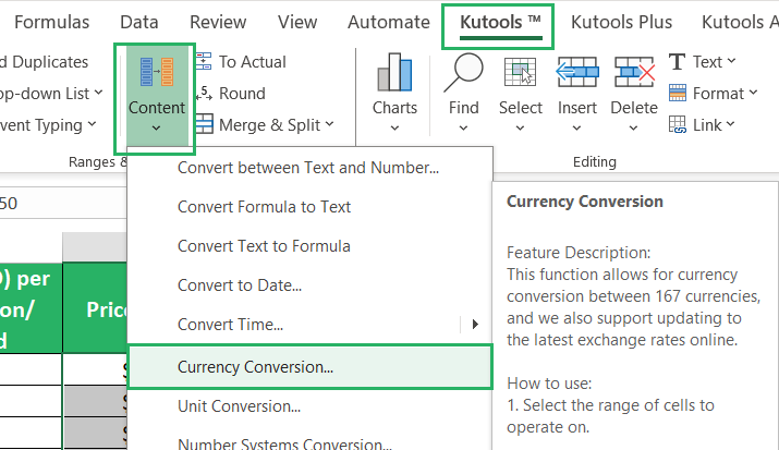 Currency conversion Kutools