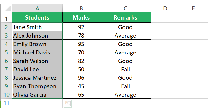 Selection of column a