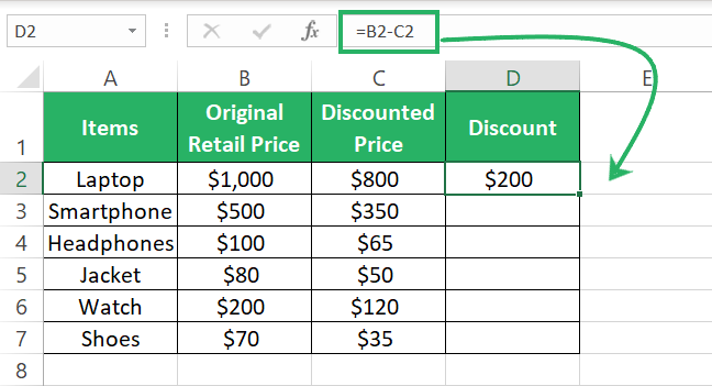 Cell B2 (Column B) minus Cell C2 (Column C)