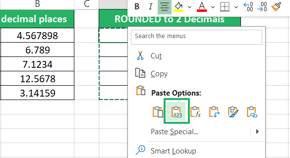 paste option in drop-down menu