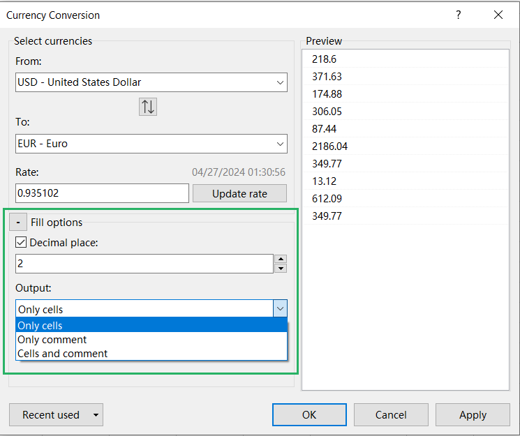 Currency conversion settings