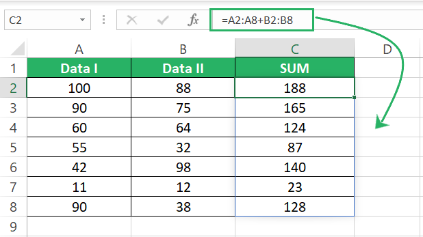 Results of the dynamic array formula