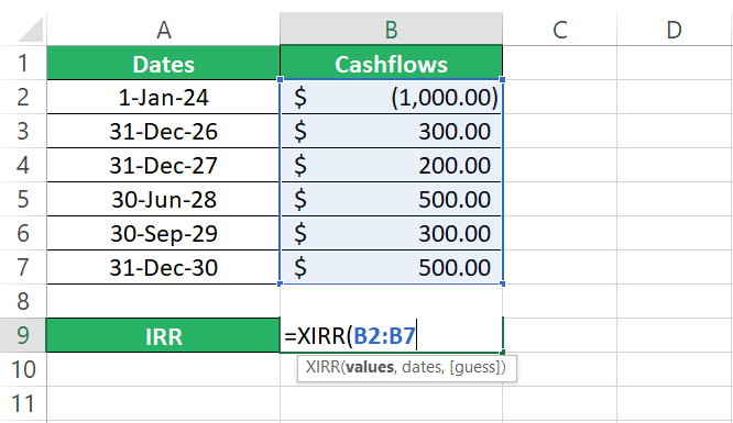 The cashflows referred to as values