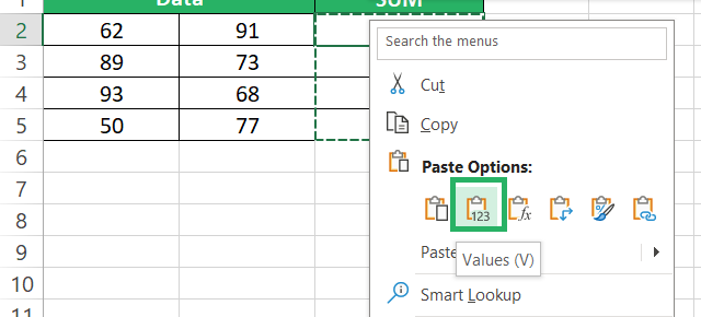 the Paste value icon