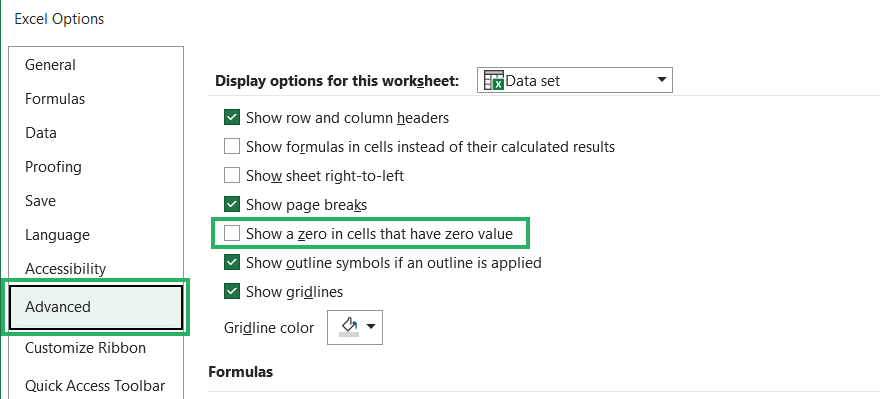 check box for Show a zero in cells that have zero value