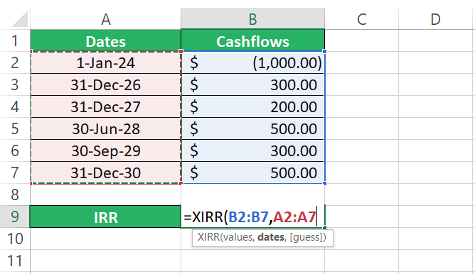 Excel XIRR function corresponding dates