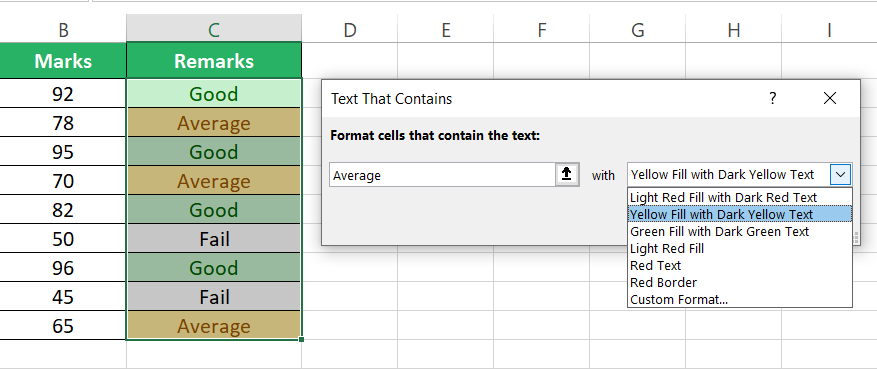 Preview for cells that contain Average