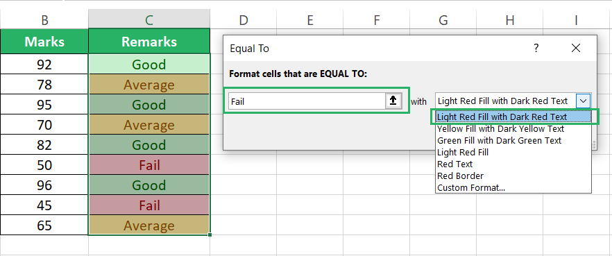 Preview for cells that contain Fail