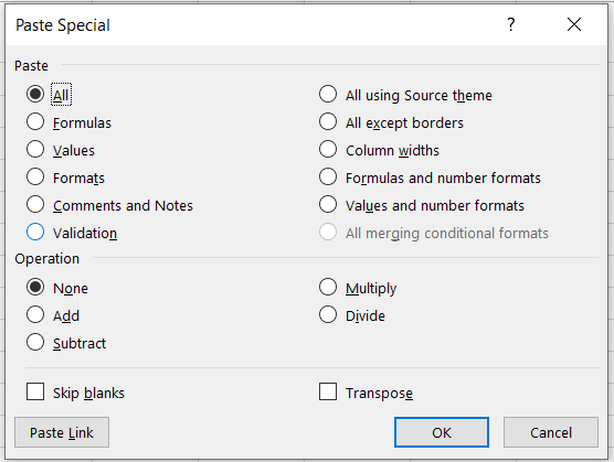 Paste Special dialog box