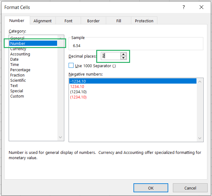 Format cells dialog box