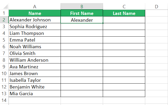 Writing first name in first cell