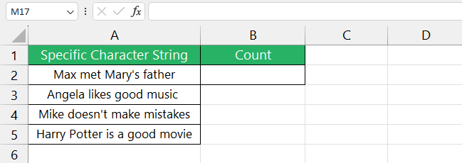 Sample data set for character M count