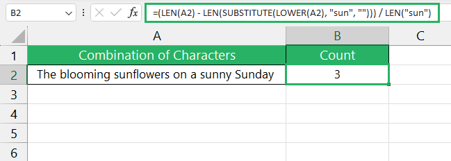 Case insensitive formula returns count of the substring using UPPER function