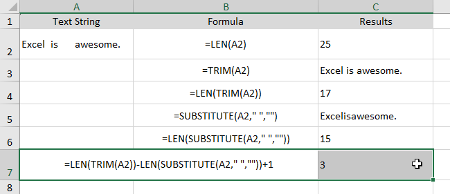 Excel formula to count words