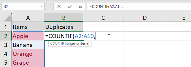 range of cells