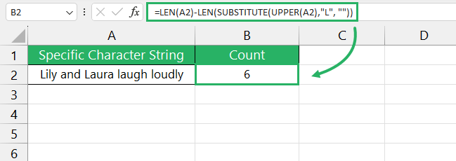 Formula returns the count of character “L” using upper function