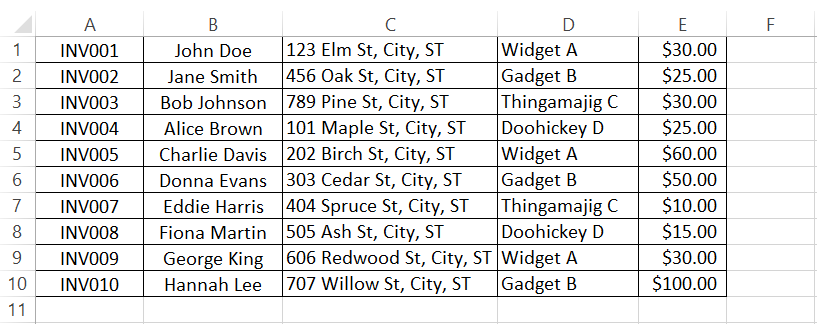 1 Data in Excel worksheet