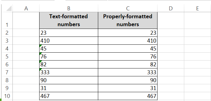 Numbers formatted as text