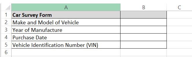 Automobile form in Excel sheet