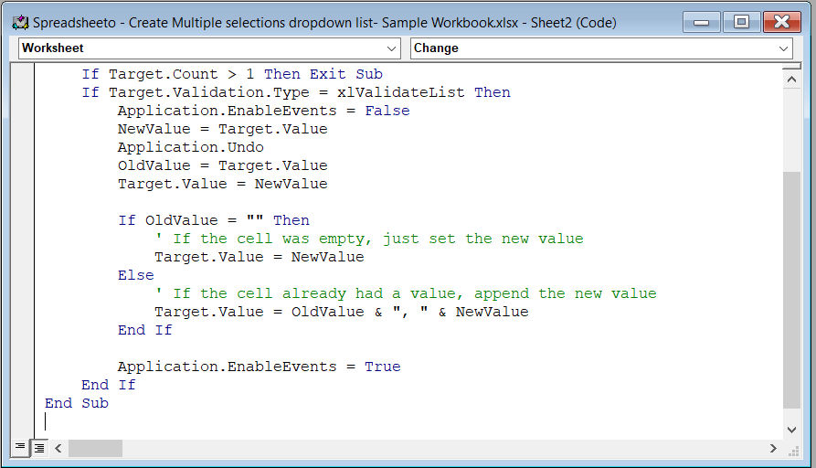 VBA code pasted