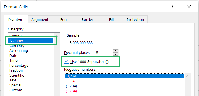 thousands separator check box