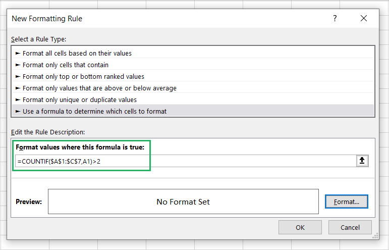 Defining the COUNTIF formula