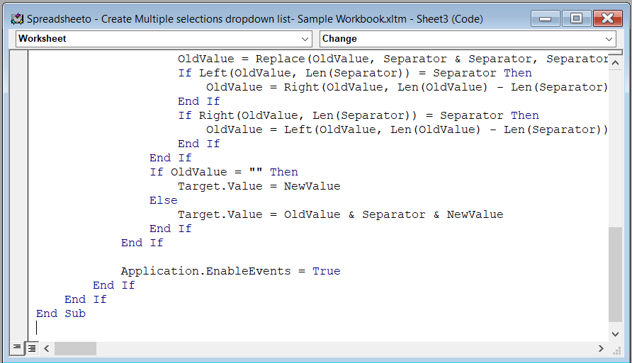 VBA code pasted