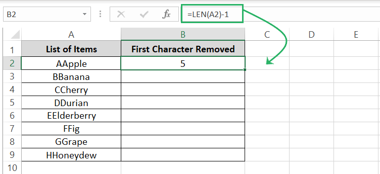 Deducting 1 from length in Excel cell