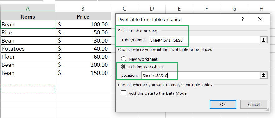 16 PivotTable dialog box
