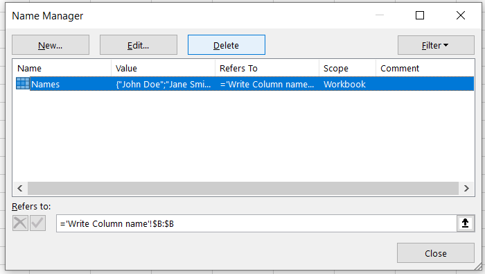 18 Name saved in the Name manager