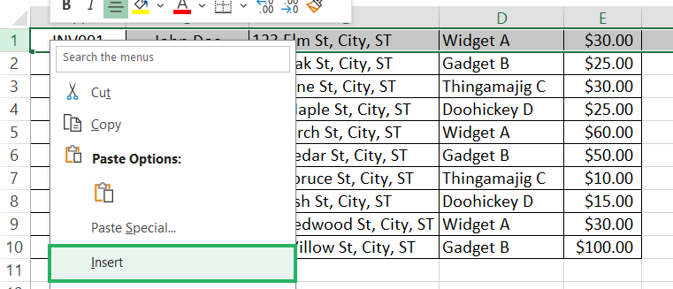 2 Insert option from drop-down menu