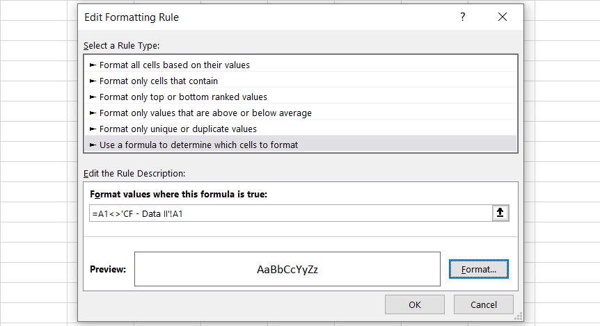 Conditional formatting rule to compare files