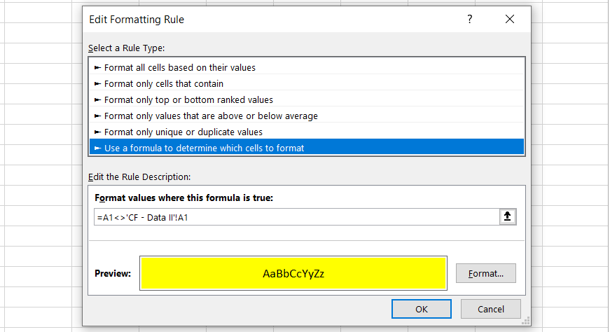 setting up the format to highlight differences