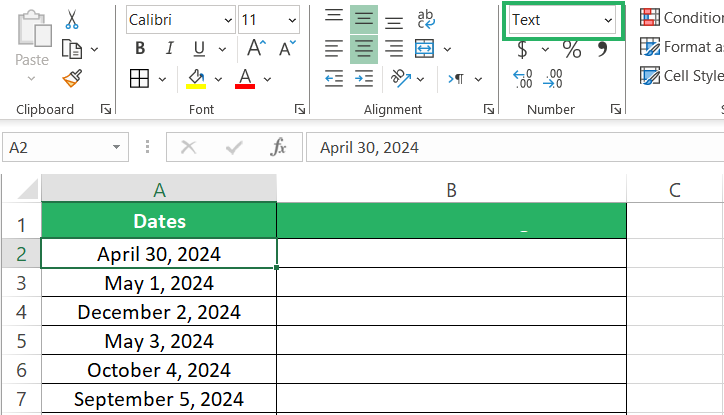 Dates formatted as text values