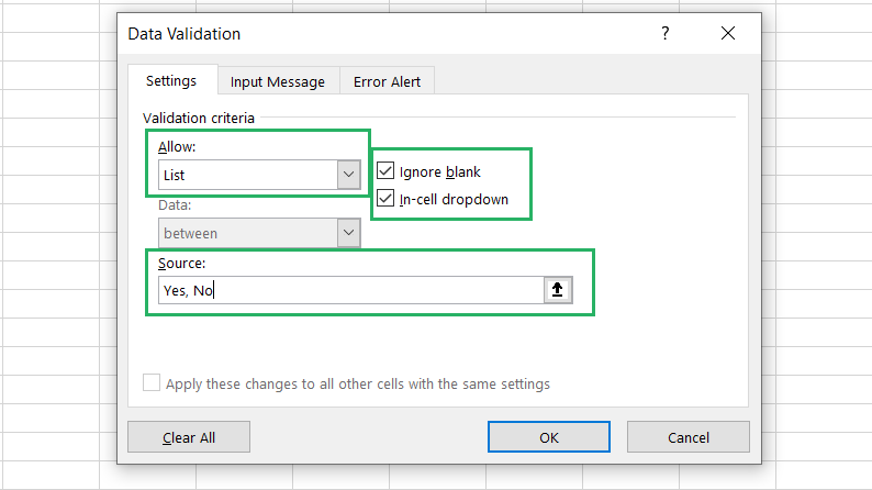 Populating the data validation rule