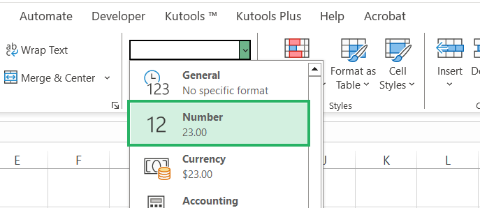 Number format from Home tab
