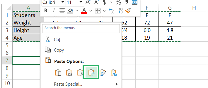 3 Transpose option from context menu