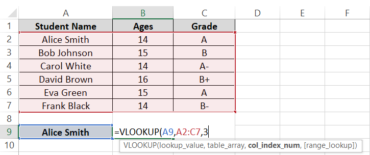 The table array formula