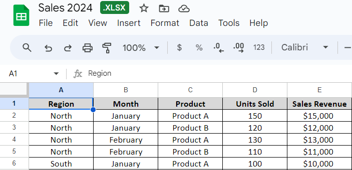 File launched in Google Sheet interface