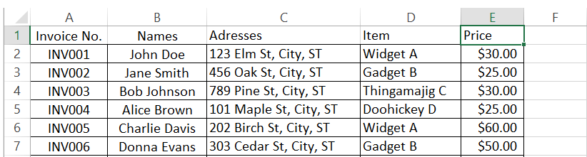 5 Column names typed