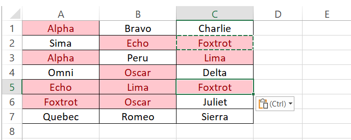 Formatting updated as data changed