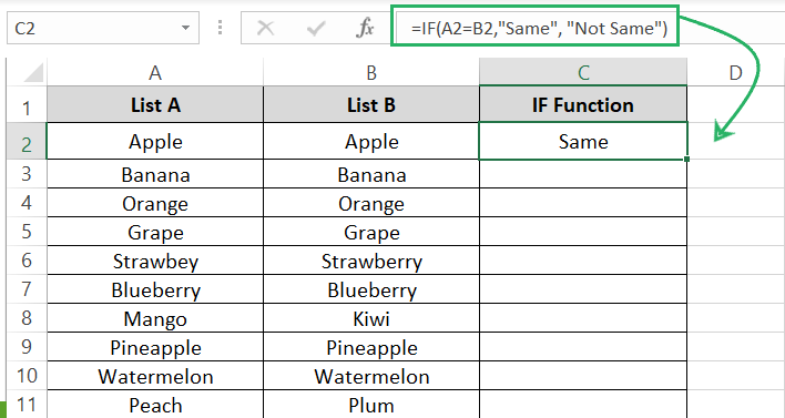 Excel formulas returns matching values results