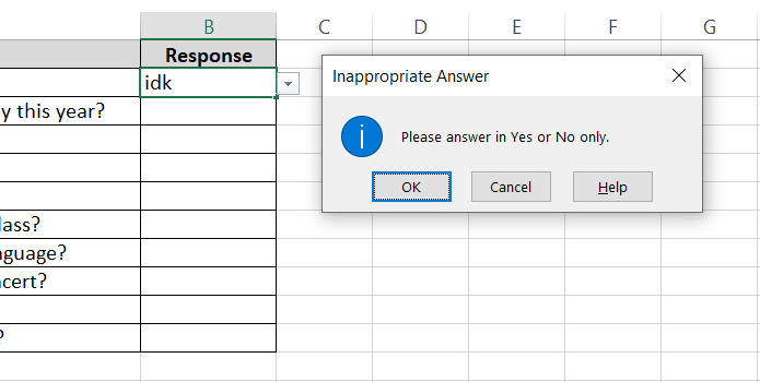 Error message returned by Excel