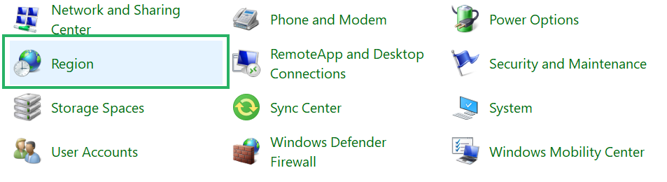 Region settings from Control Panel