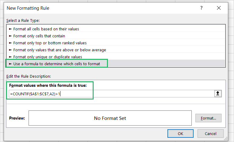 Defining the COUNTIF formula