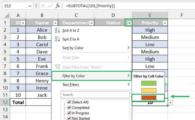 Selecting the option to filter out data