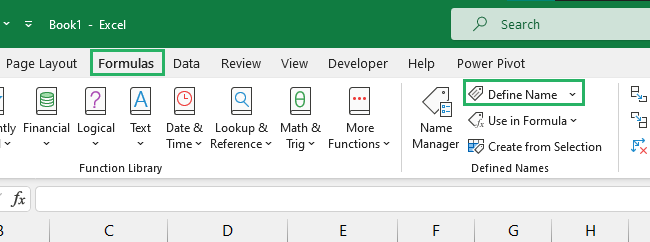 Selecting the define name option from the defined names