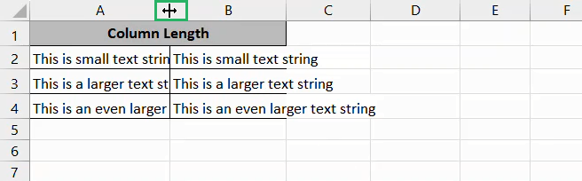 Arrow for column width in Excel workbook