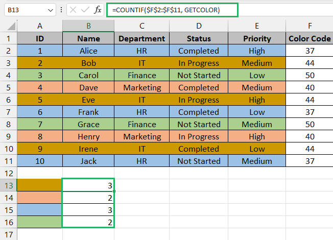 Cells with count of colored cells