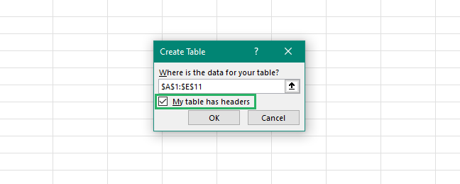 Create Table dialog box appears